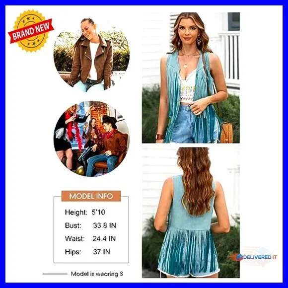 Faux Suede Fringe Vest Sleeveless Boho Retro Western Cowgirl Outerwear
